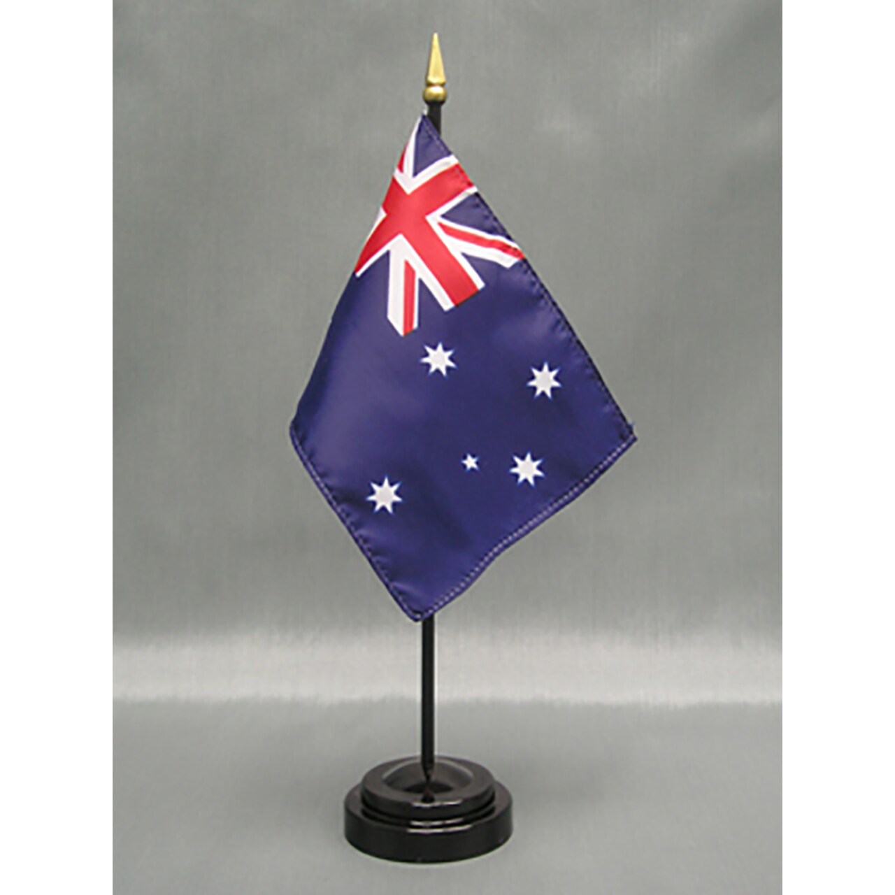 Australia Desk Flag with Base; American Made Rayon 4x6 inch Miniature Table Set Includes One Small Mini Country Stick Flags and One Black Stand
